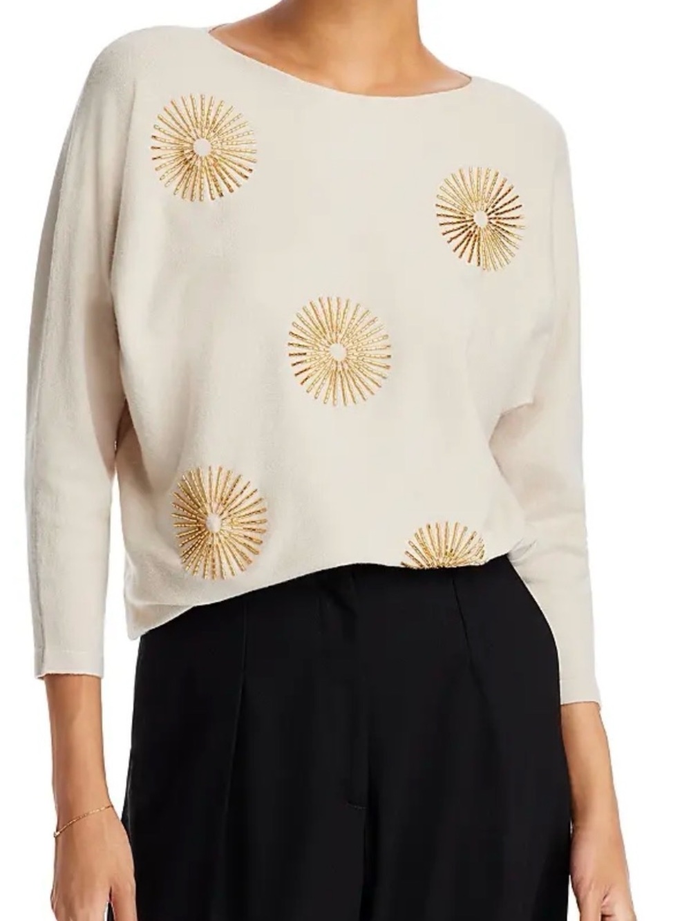 LIV Milano Women’s L Ivory/Gold Beaded Starburst Knit Round Neck Pullover